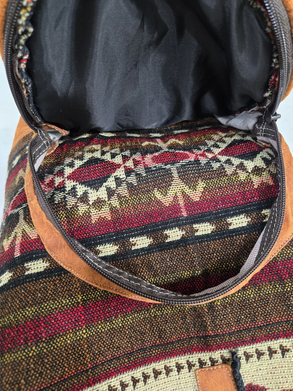 Boho Tribal Canvas Backpack with Tan Suede Trim